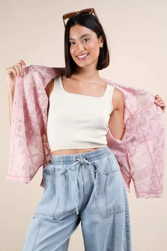 Pink Plus Size Oversized Crochet Button Down Shirt Top - Tigbul's Variety Fashion Shop