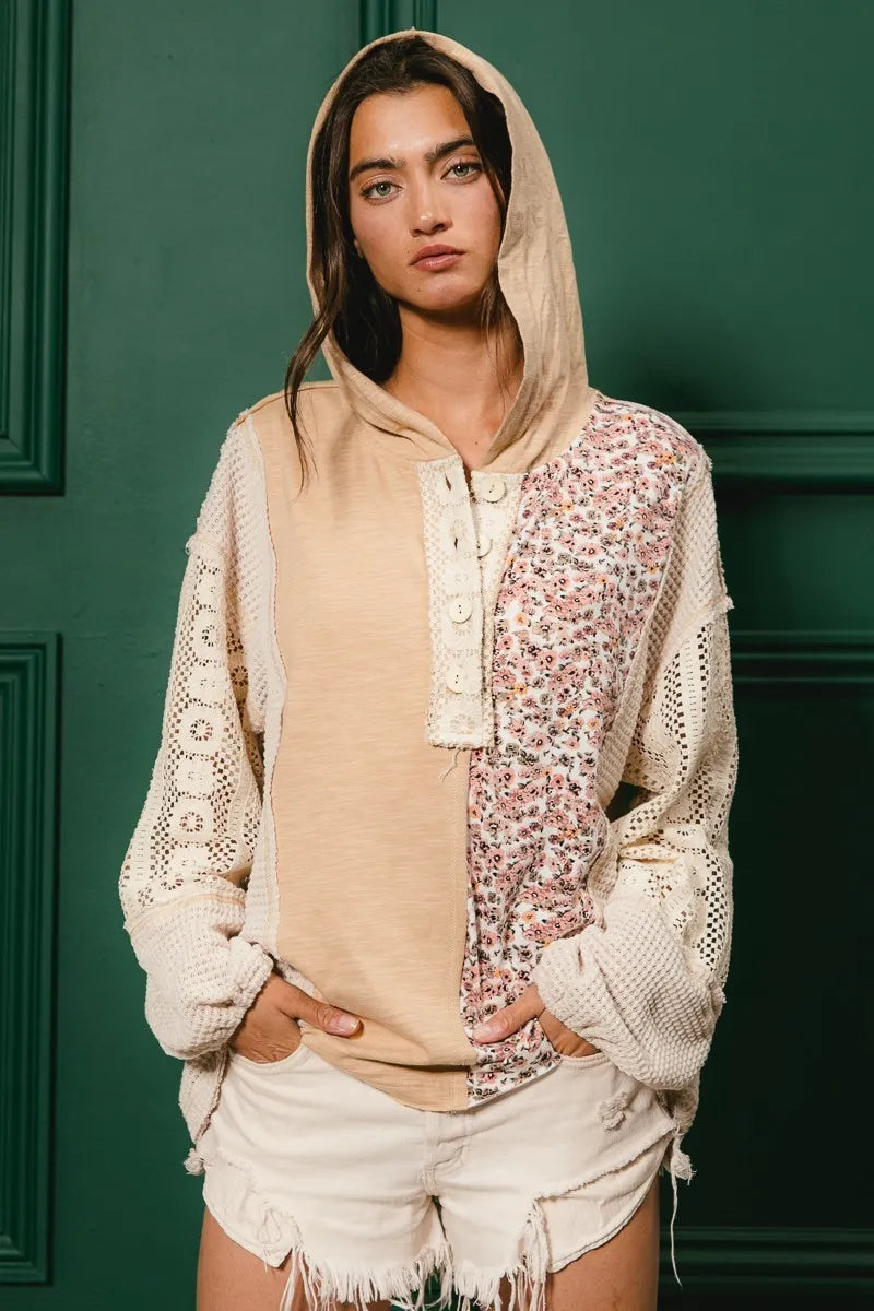 BiBi Slub Jersey with Lace Combo Buttoned Hoodie Top - Tigbul's Variety Fashion Shop