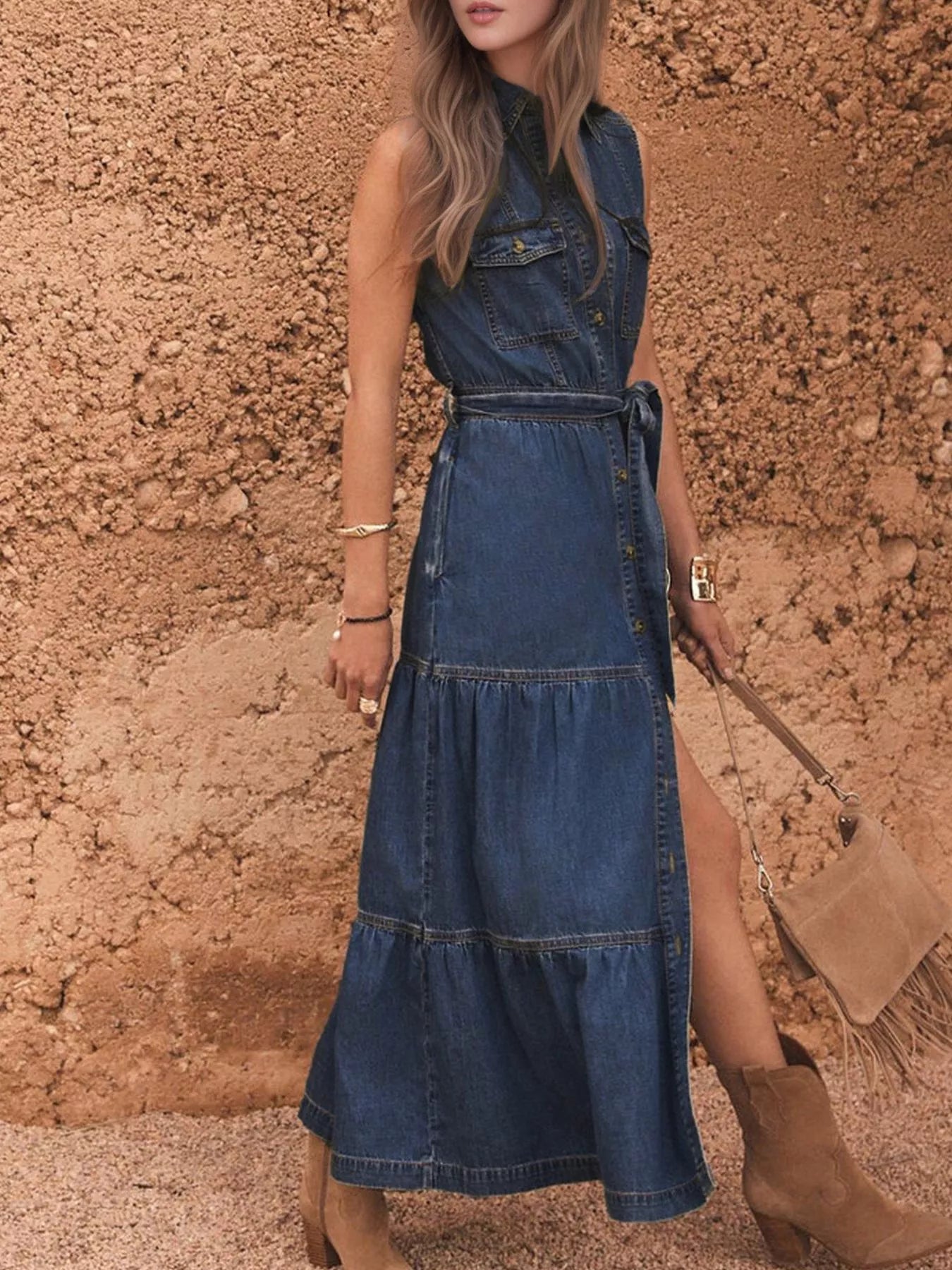 Button Front Sleeveless Denim Dress - Tigbul's Variety Fashion Shop