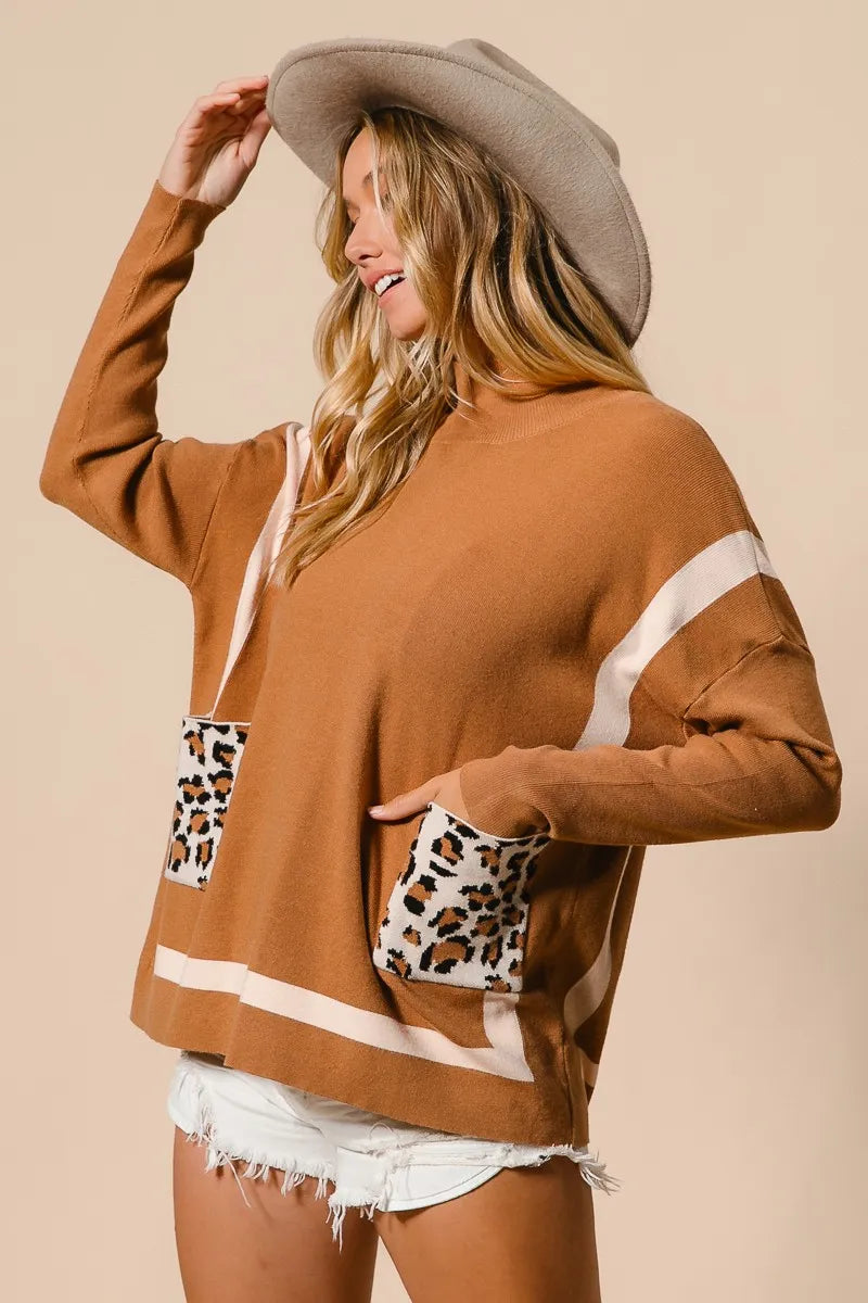 BiBi Mock Neck Sweater with Leopard Pocket - Tigbul's Variety Fashion Shop