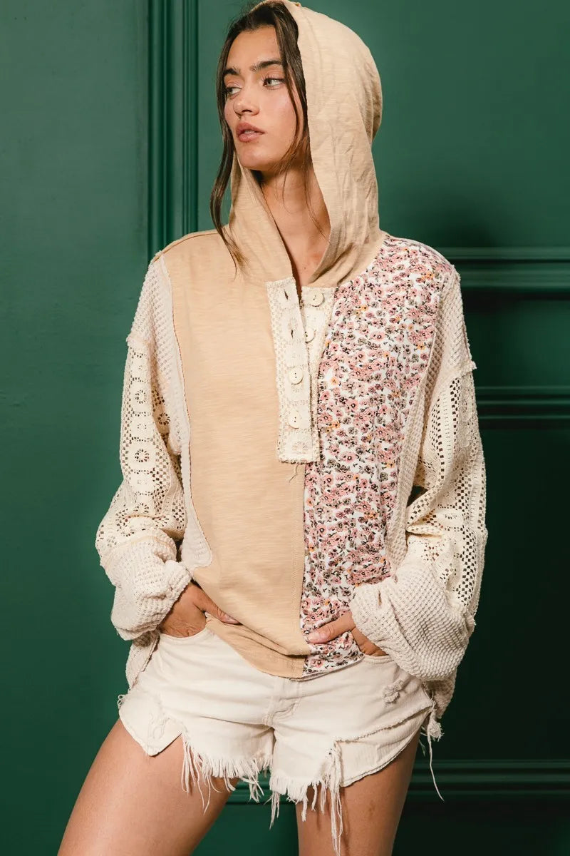 BiBi Slub Jersey with Lace Combo Buttoned Hoodie Top - Tigbul's Variety Fashion Shop