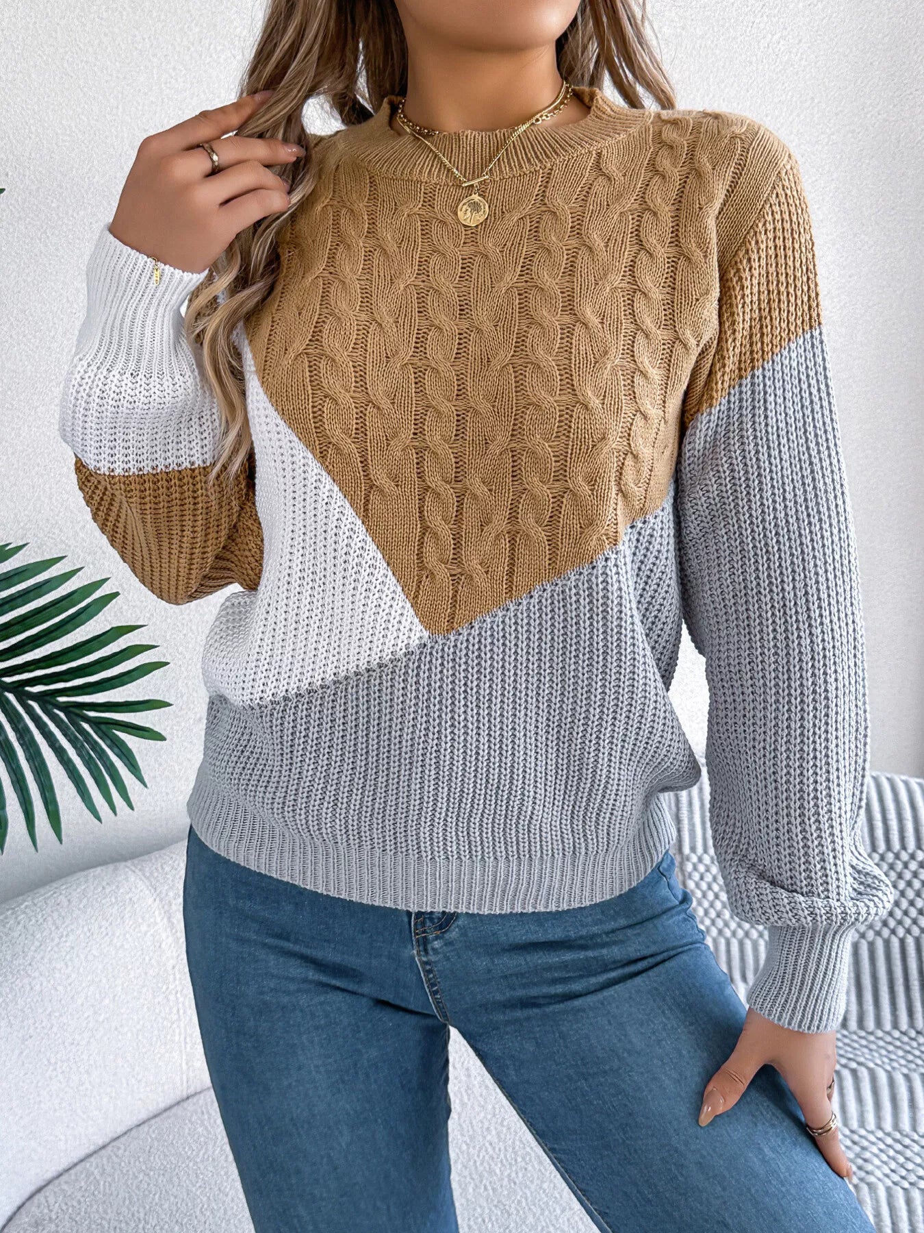 Color Block Cable Knit Long Sleeve Sweater - Tigbul's Variety Fashion Shop