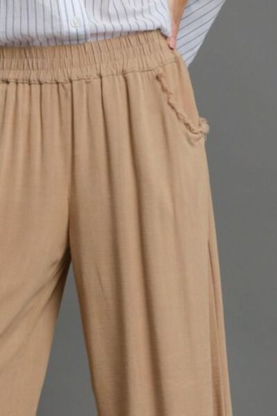 Tan Linen Blend Elastic Waistband Wide Leg Pants - Tigbul's Variety Fashion Shop