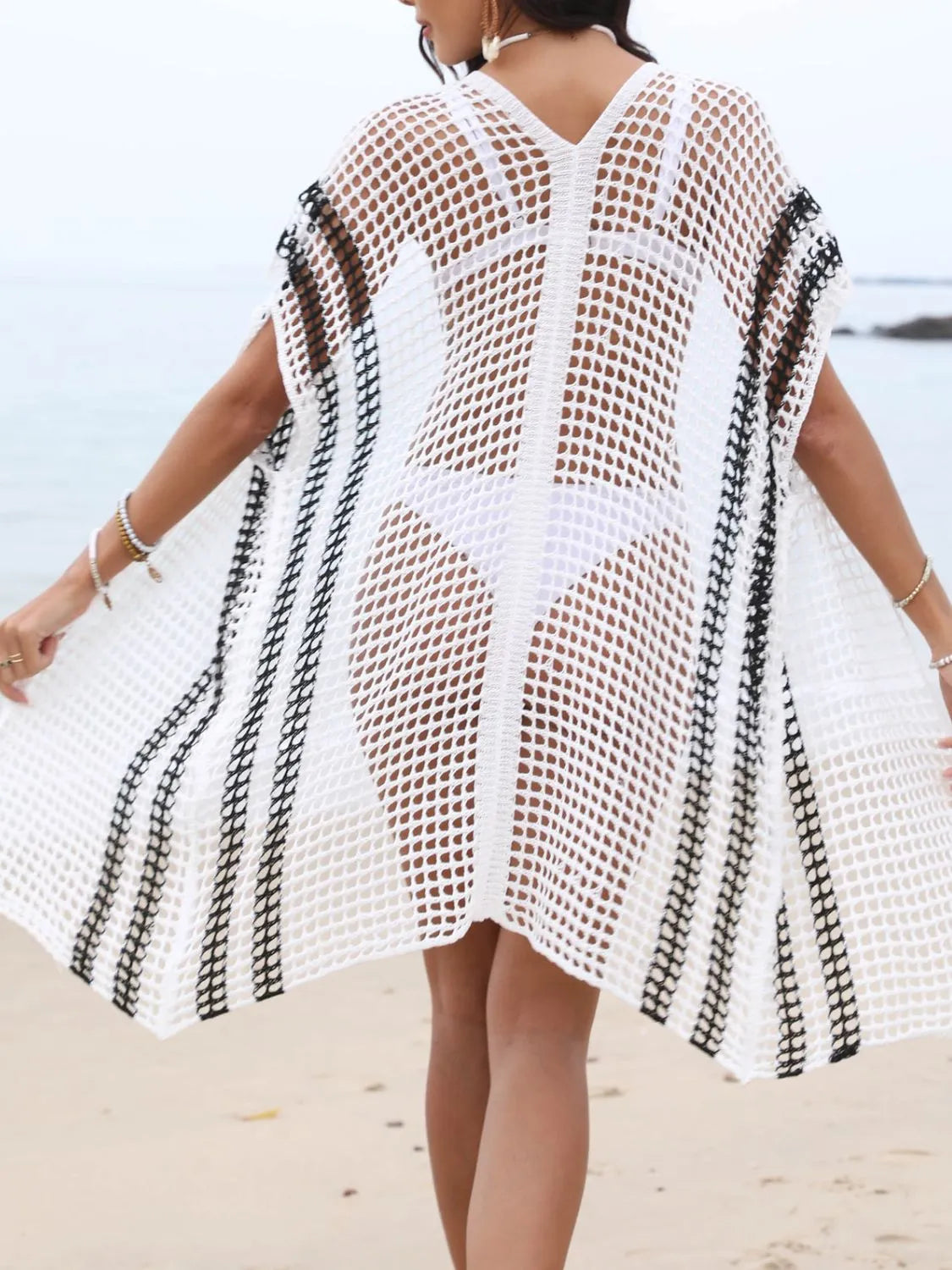 Open Front Contrast Openwork Cover-Up - Tigbul's Variety Fashion Shop