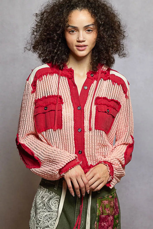 POL Texture Woven Button Down Hooded Shirt with Drawstring Hem - Tigbul's Variety Fashion Shop