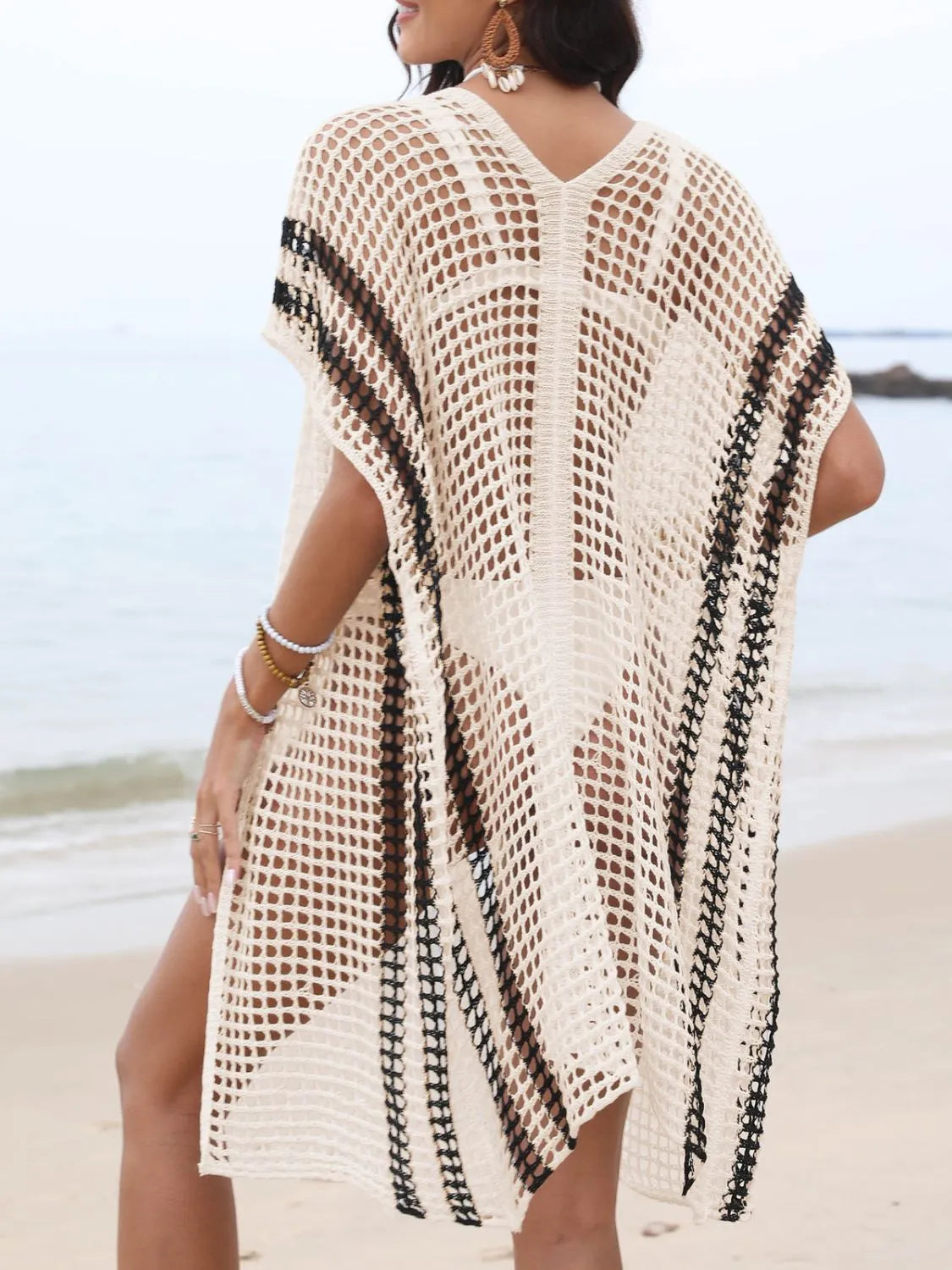 Open Front Contrast Openwork Cover-Up - Tigbul's Variety Fashion Shop
