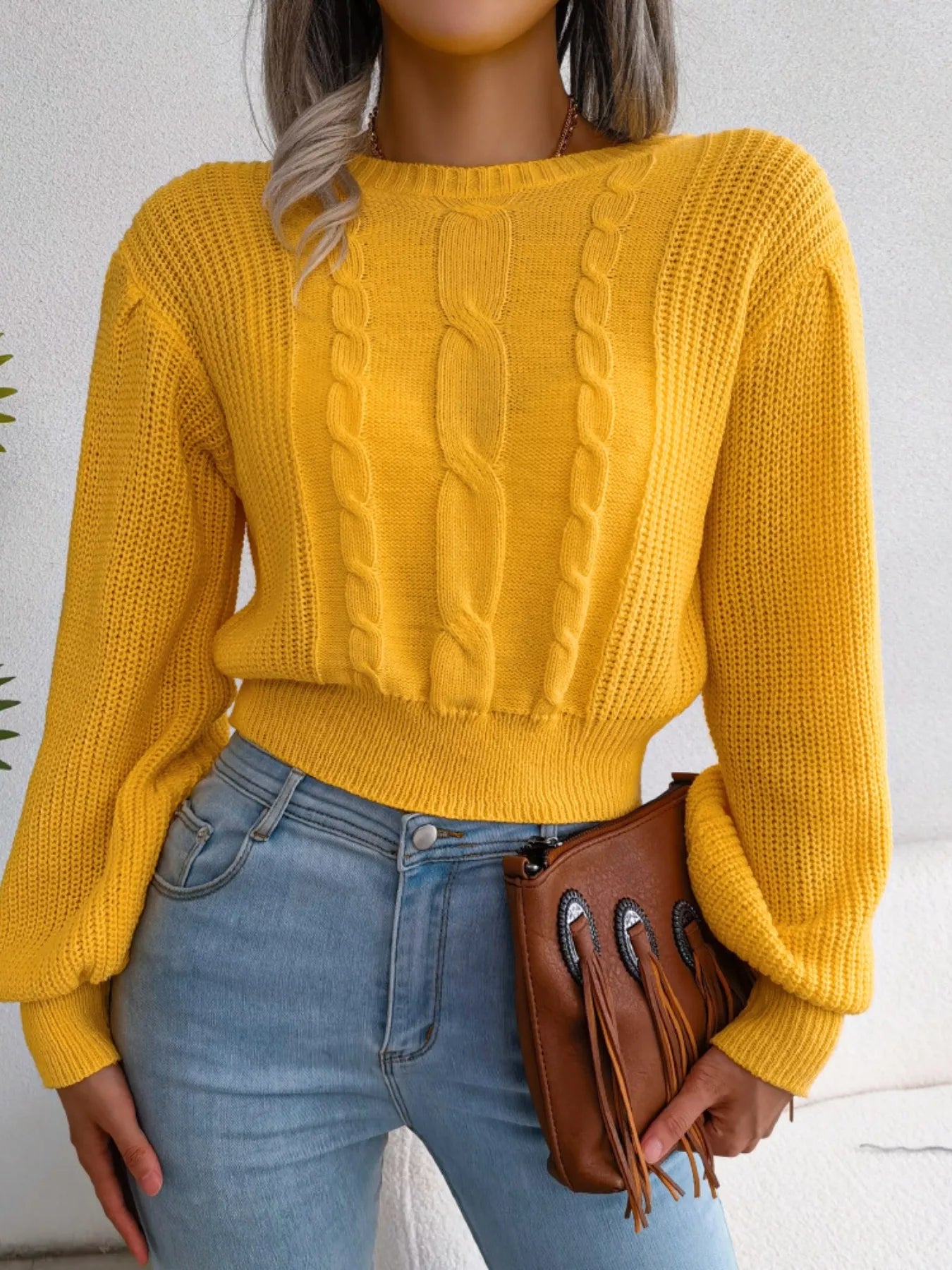 Cable Knit Round Neck Cropped Sweater - Tigbul's Variety Fashion Shop