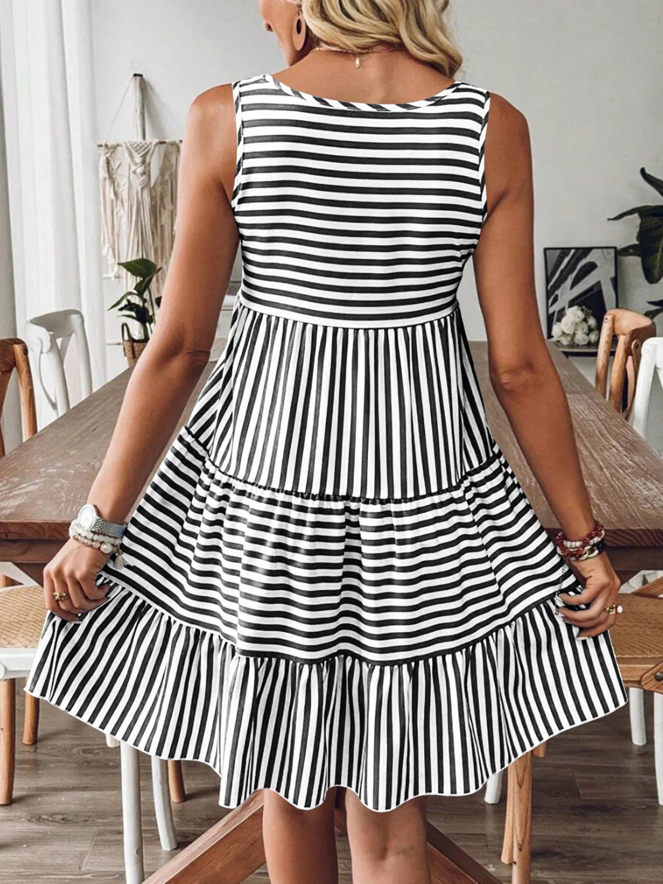 Casual Striped Tiered Ruffle Tank Dress - Tigbul's Variety Fashion Shop