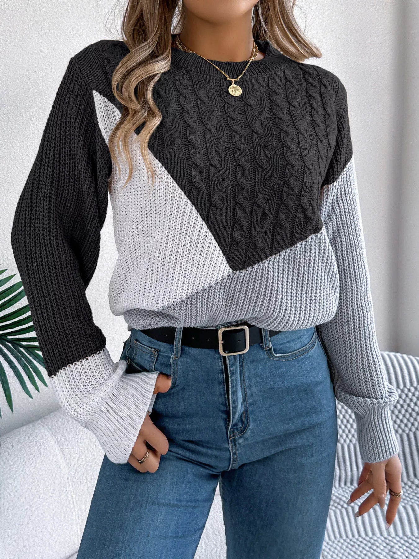 Color Block Cable Knit Long Sleeve Sweater - Tigbul's Variety Fashion Shop