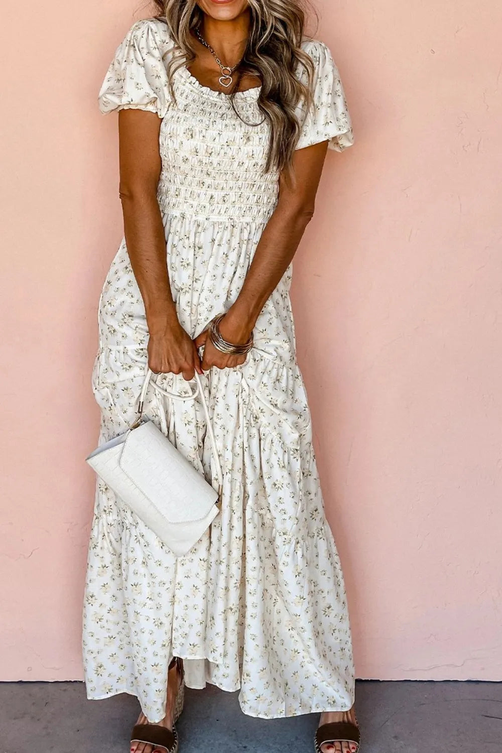 White Floral Smocked Short Puff Sleeve Maxi Dress - Tigbul's Variety Fashion Shop
