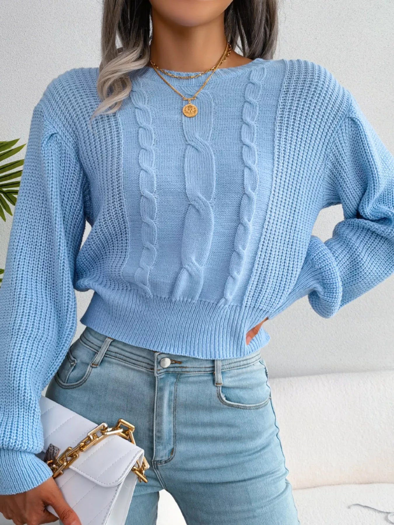 Cable Knit Round Neck Cropped Sweater - Tigbul's Variety Fashion Shop