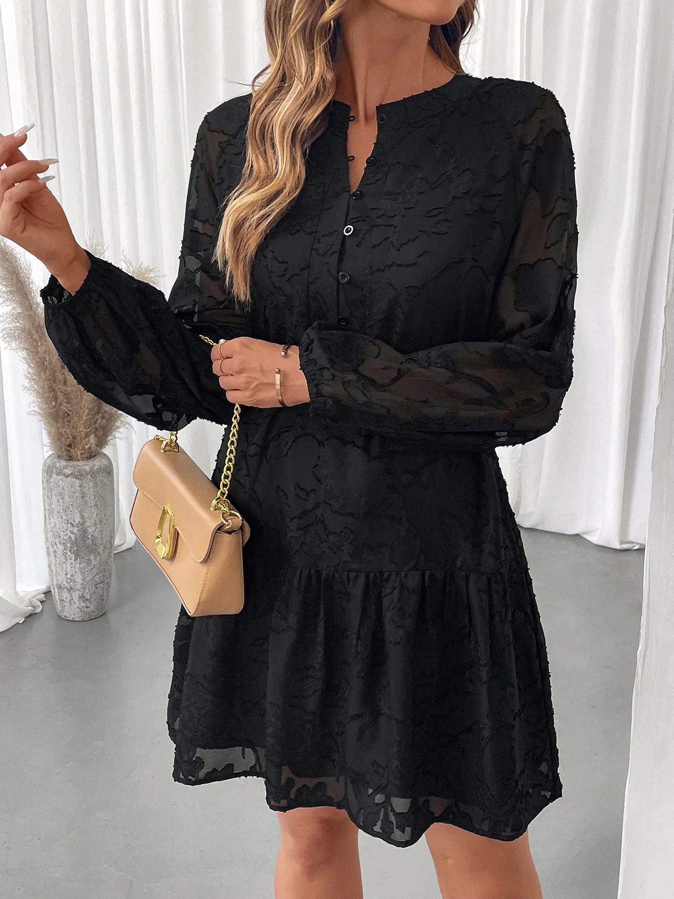 Button-Front Balloon Sleeve Mini Dress - Tigbul's Variety Fashion Shop