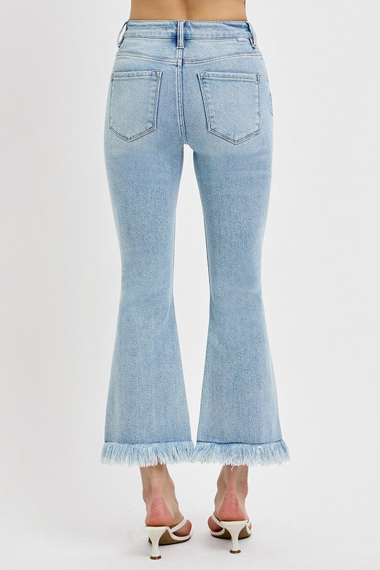 Light Blue Raw Hem Distressed Cropped Flare Jeans Plus Size - Tigbul's Variety Fashion Shop