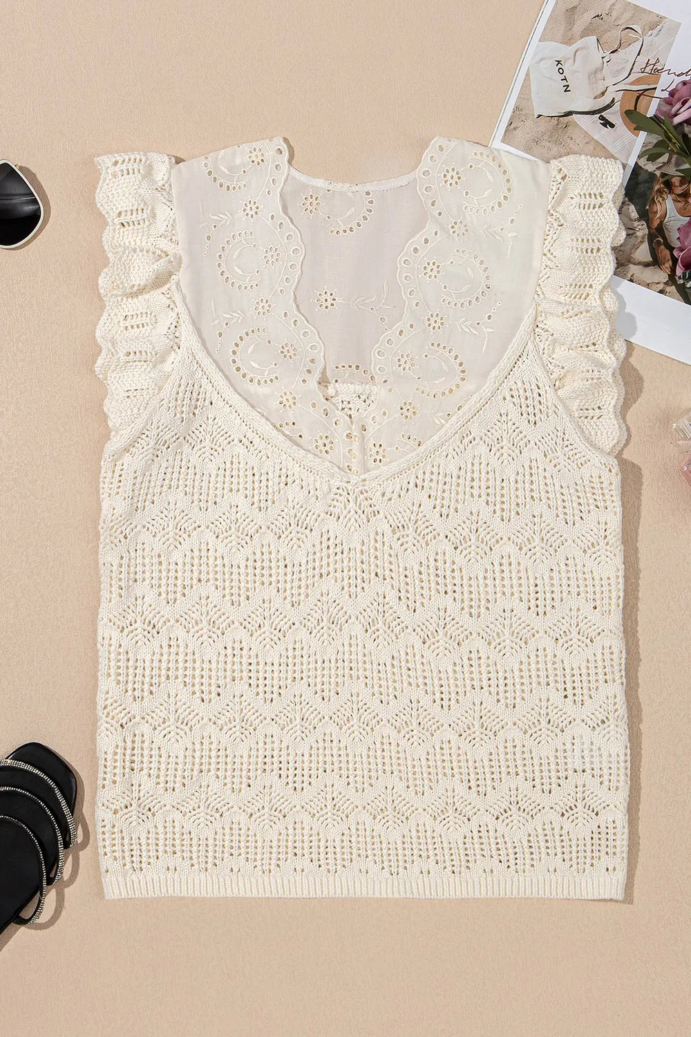 Embroidered Patchwork Hollow Out Knitted Ruffle Sweater Vest - Tigbul's Variety Fashion Shop