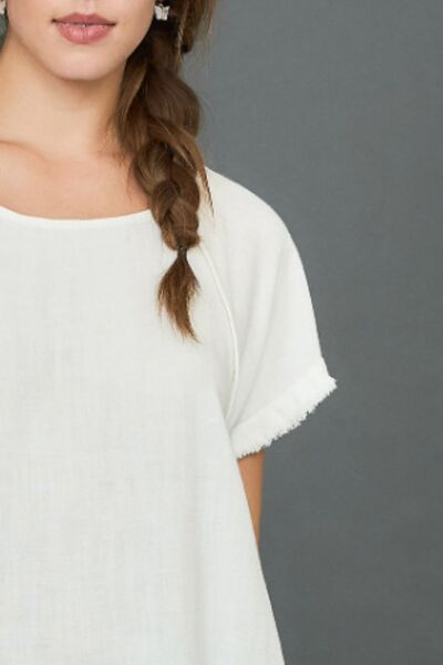 Off White Seam Detail Linen Ruffle Fringe Edge Top - Tigbul's Variety Fashion Shop