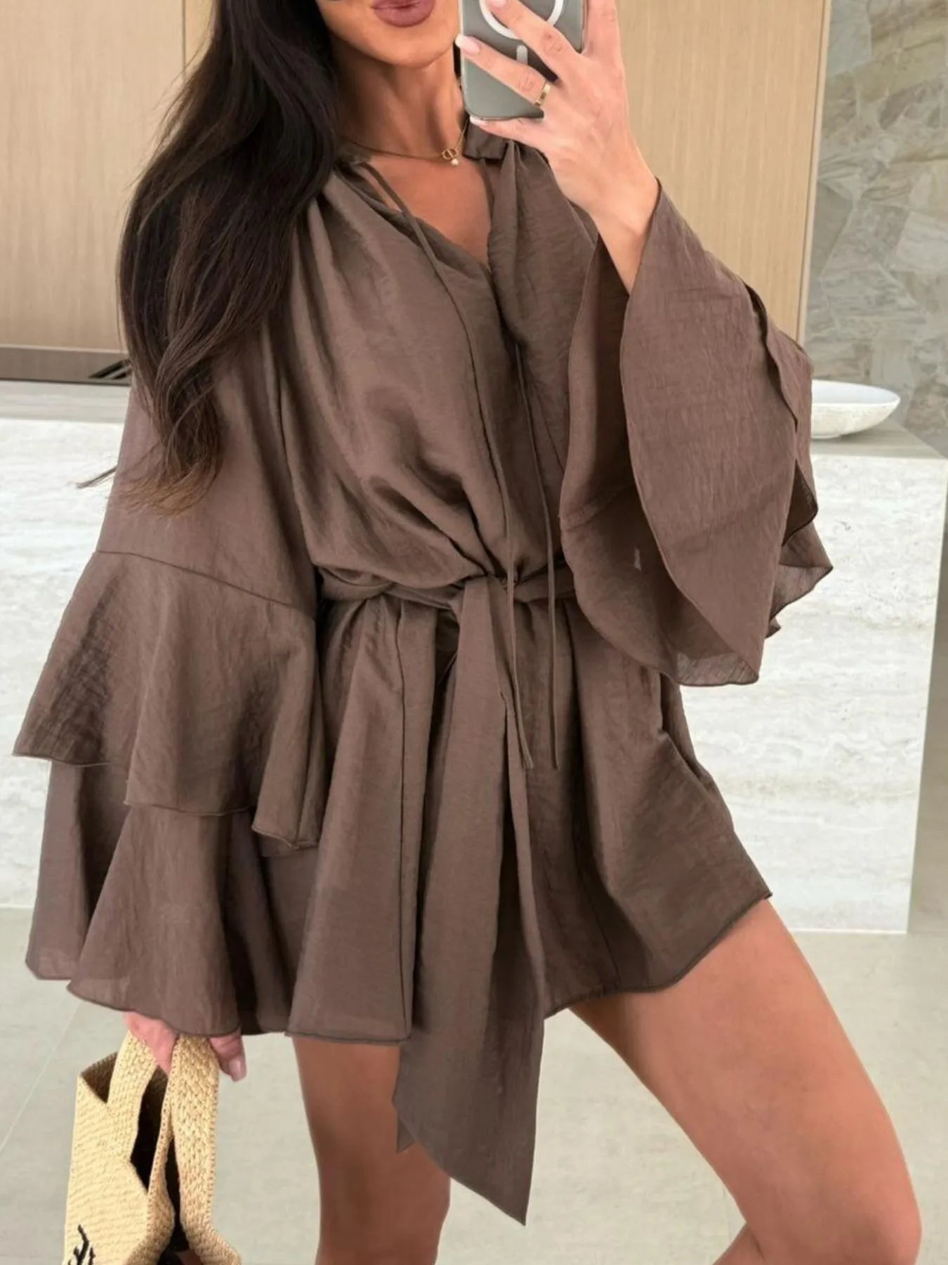 Bell Sleeve Tie Waist Mini Shirt Dress - Tigbul's Variety Fashion Shop