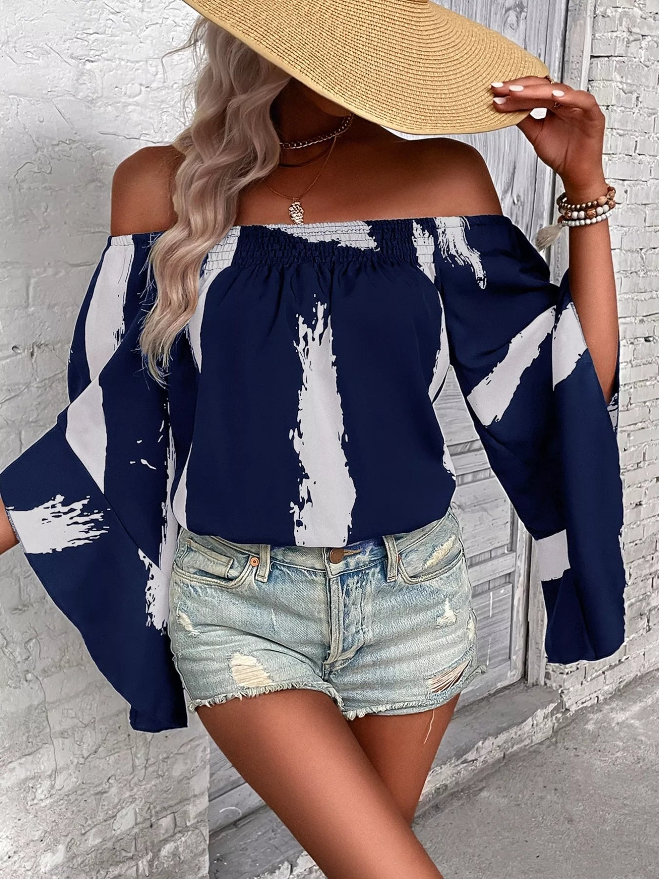 Off Shoulder Bell Sleeve Blouse - Tigbul's Variety Fashion Shop
