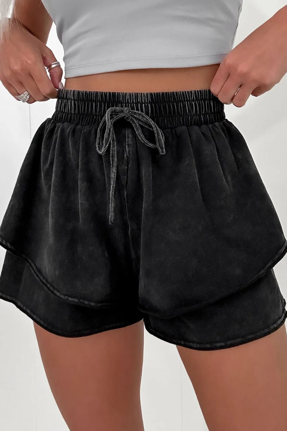Black Mineral Wash French Terry High Waist Casual Shorts - Tigbul's Variety Fashion Shop