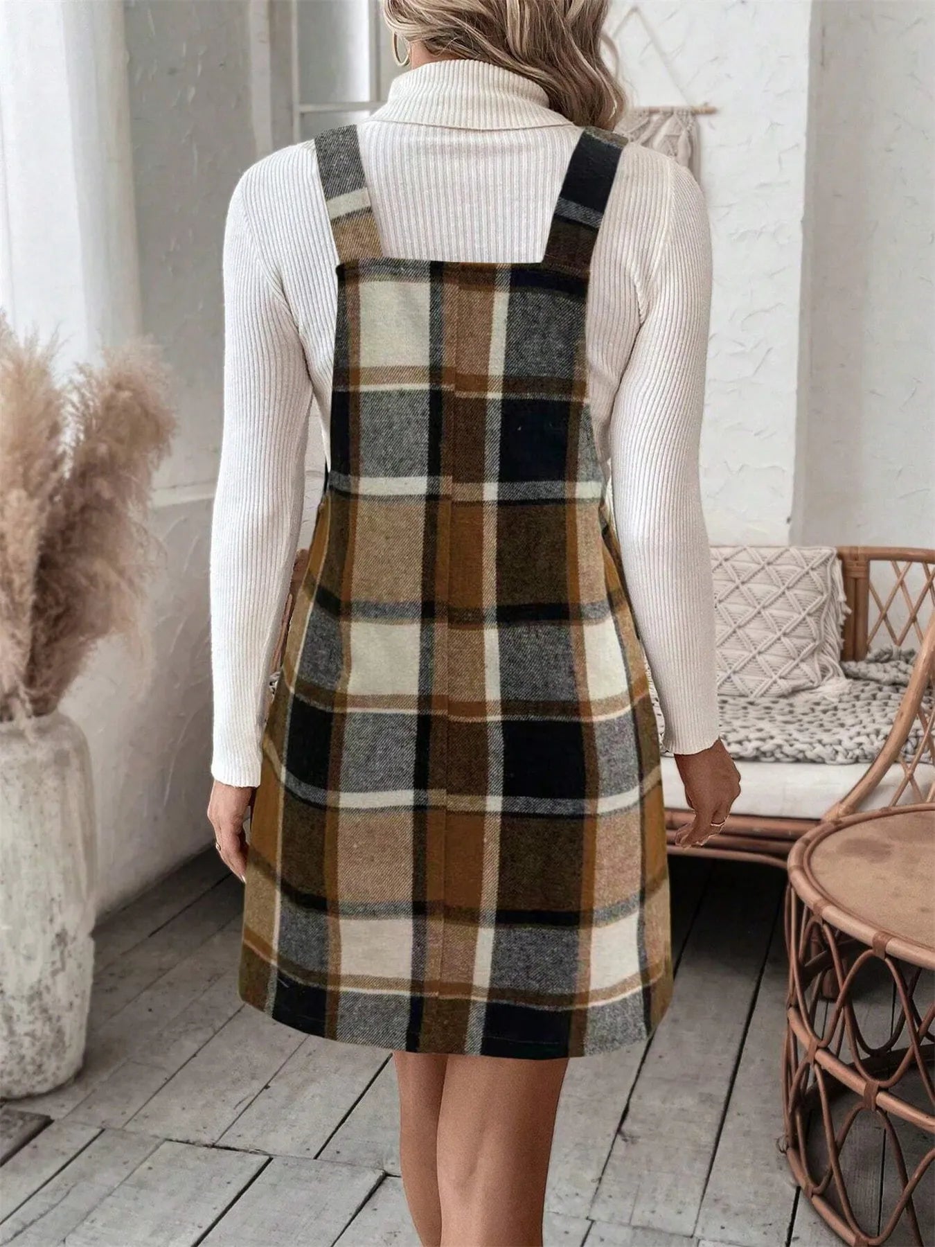 Plaid Square Neck Mini Dress - Tigbul's Variety Fashion Shop