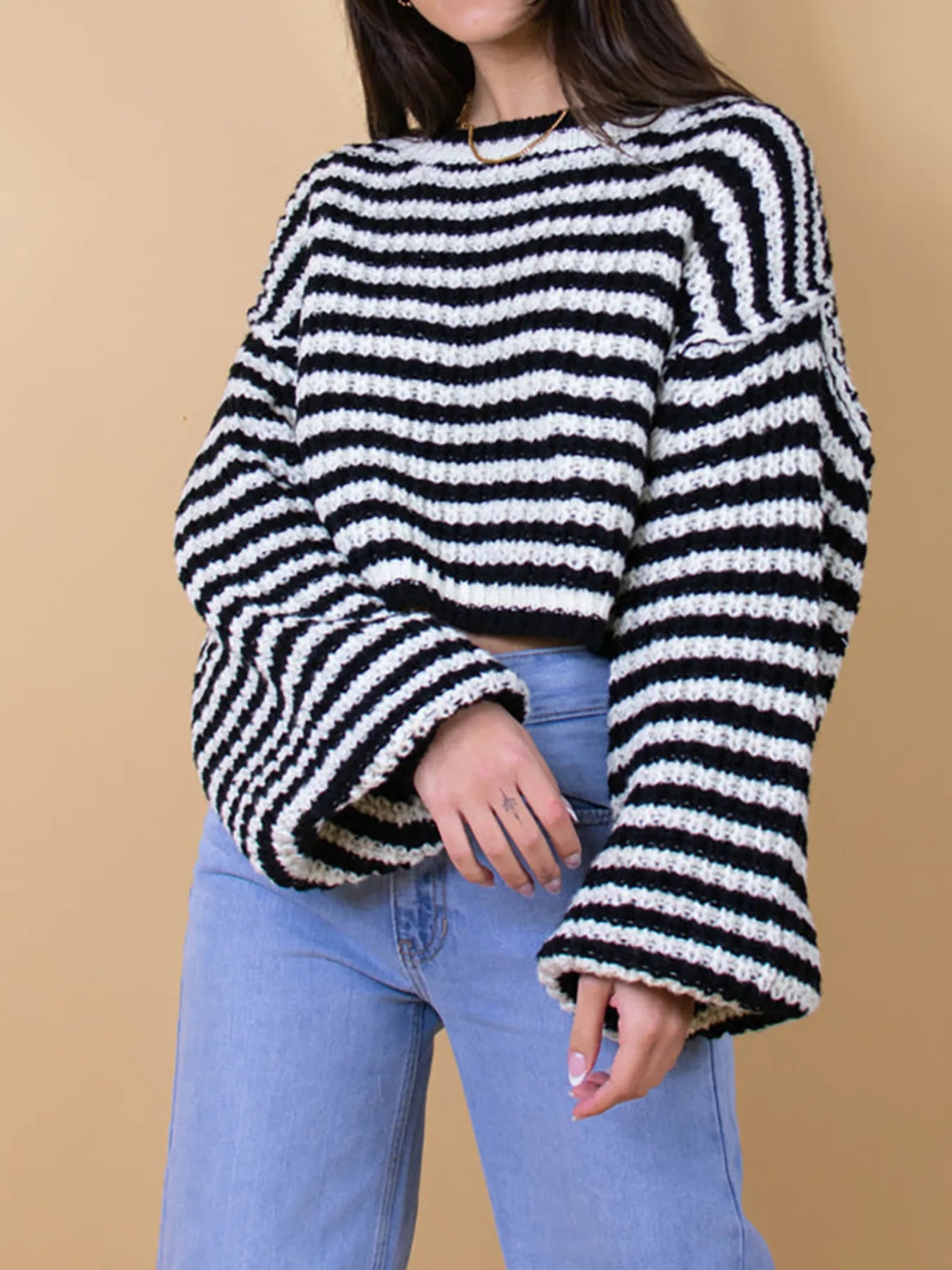 Oversized Striped Drop Shoulder Sweater - Tigbul's Variety Fashion Shop