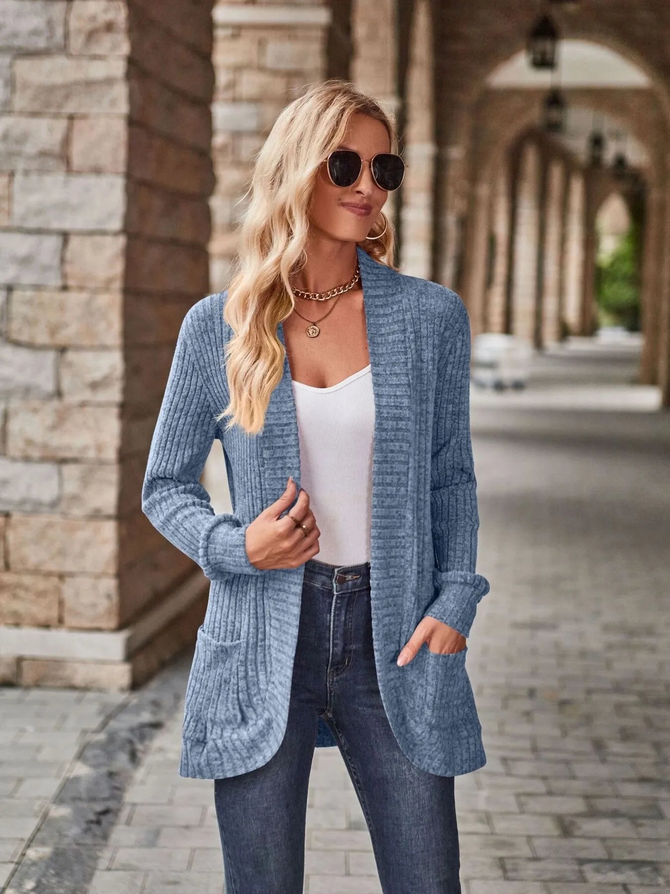 Ribbed Open Front Long Cardigan with Pockets - Tigbul's Variety Fashion Shop