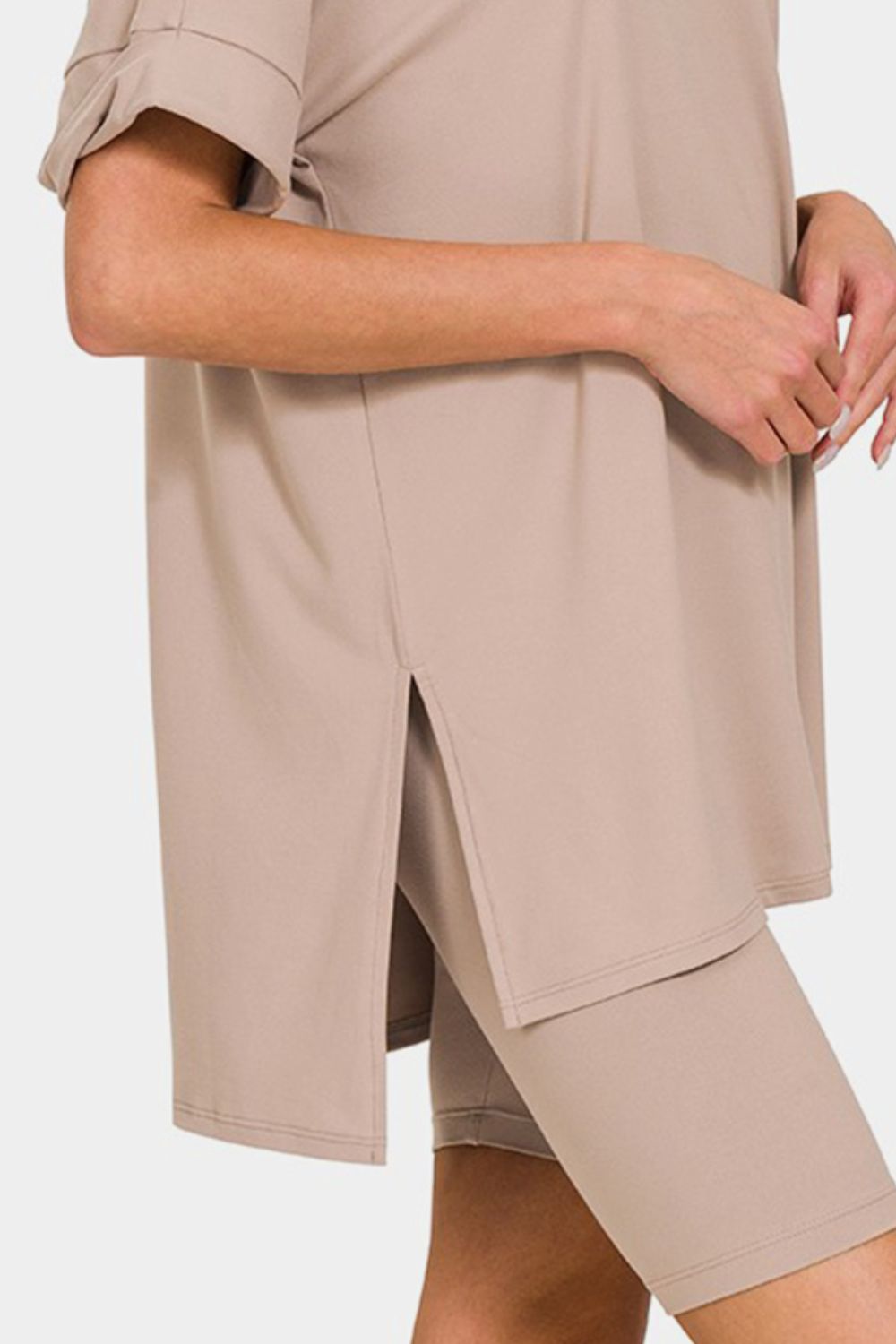 Mocha V-Neck Short Sleeve Slit T-Shirt and Shorts Set - Tigbul's Variety Fashion Shop