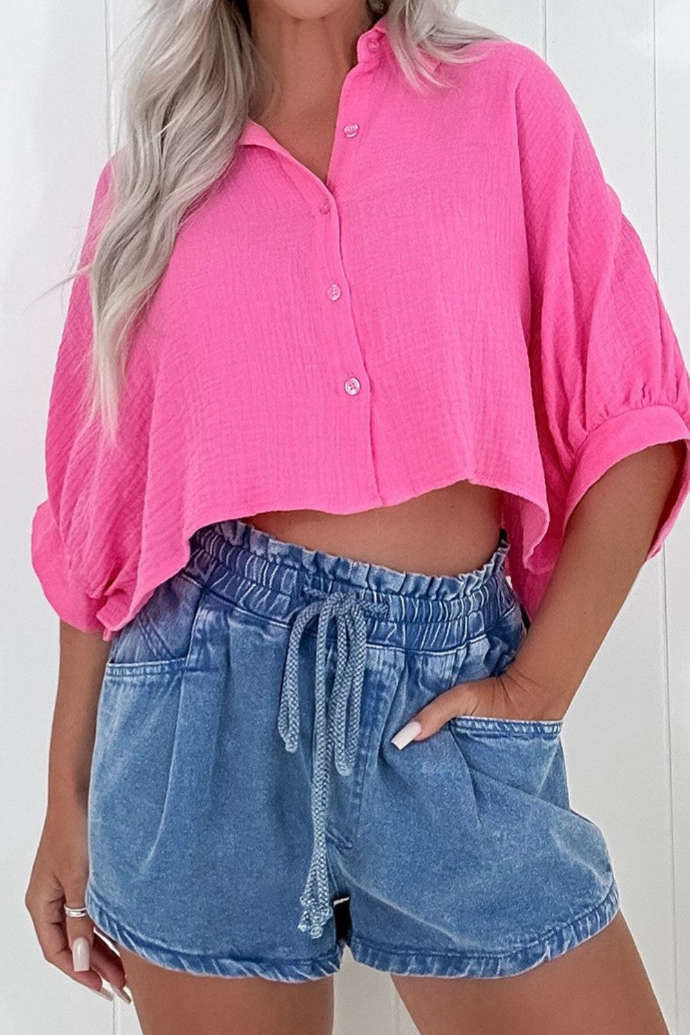 Drawstring High Waist Denim Shorts with Pockets - Tigbul's Variety Fashion Shop
