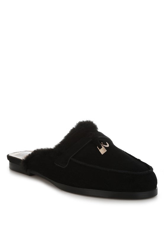 Bosnia Suede & Faux Fur Slip On Mules - Tigbul's Variety Fashion Shop
