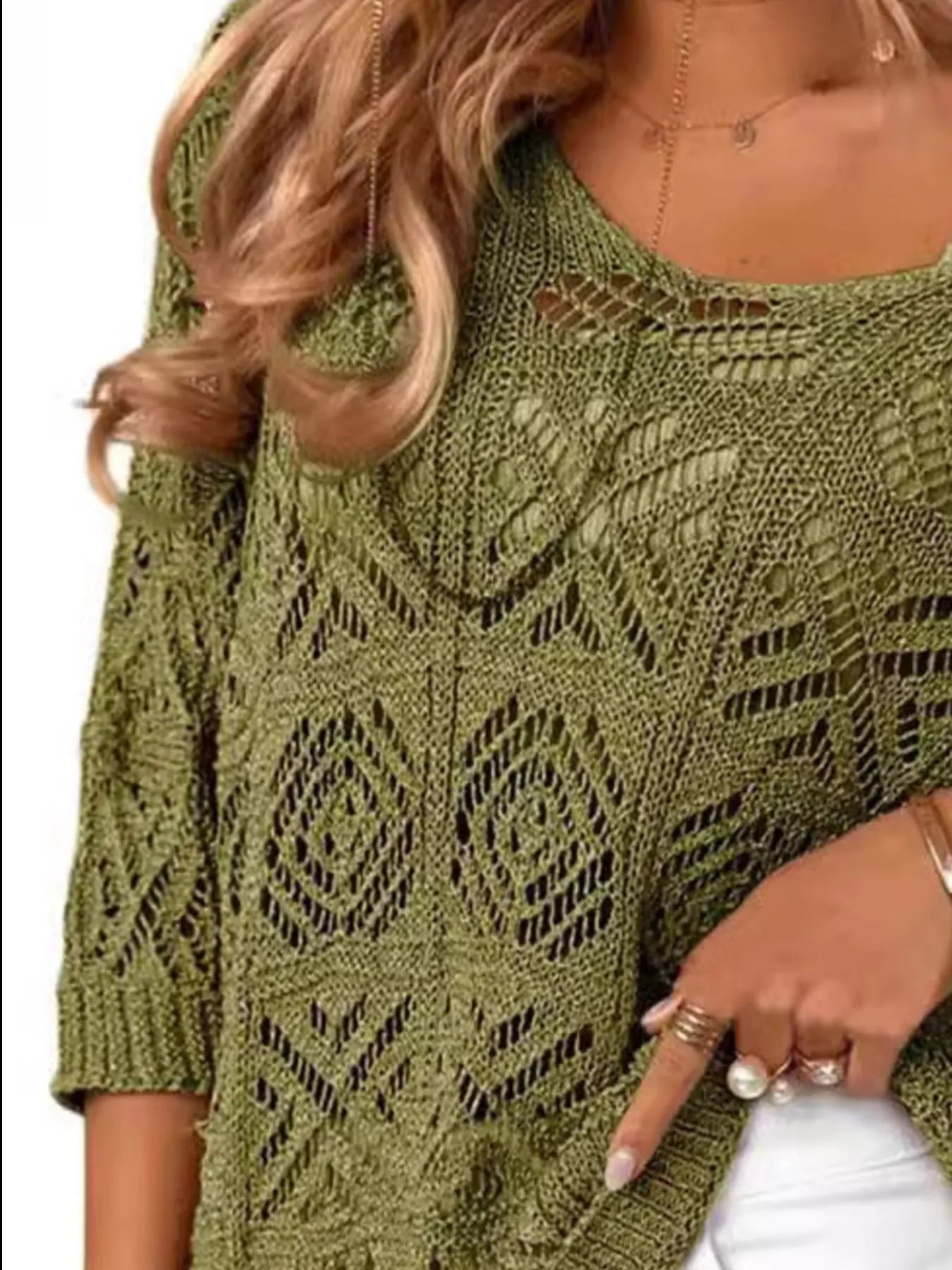Openwork 3/4 Sleeve Knit Cover Up - Tigbul's Variety Fashion Shop