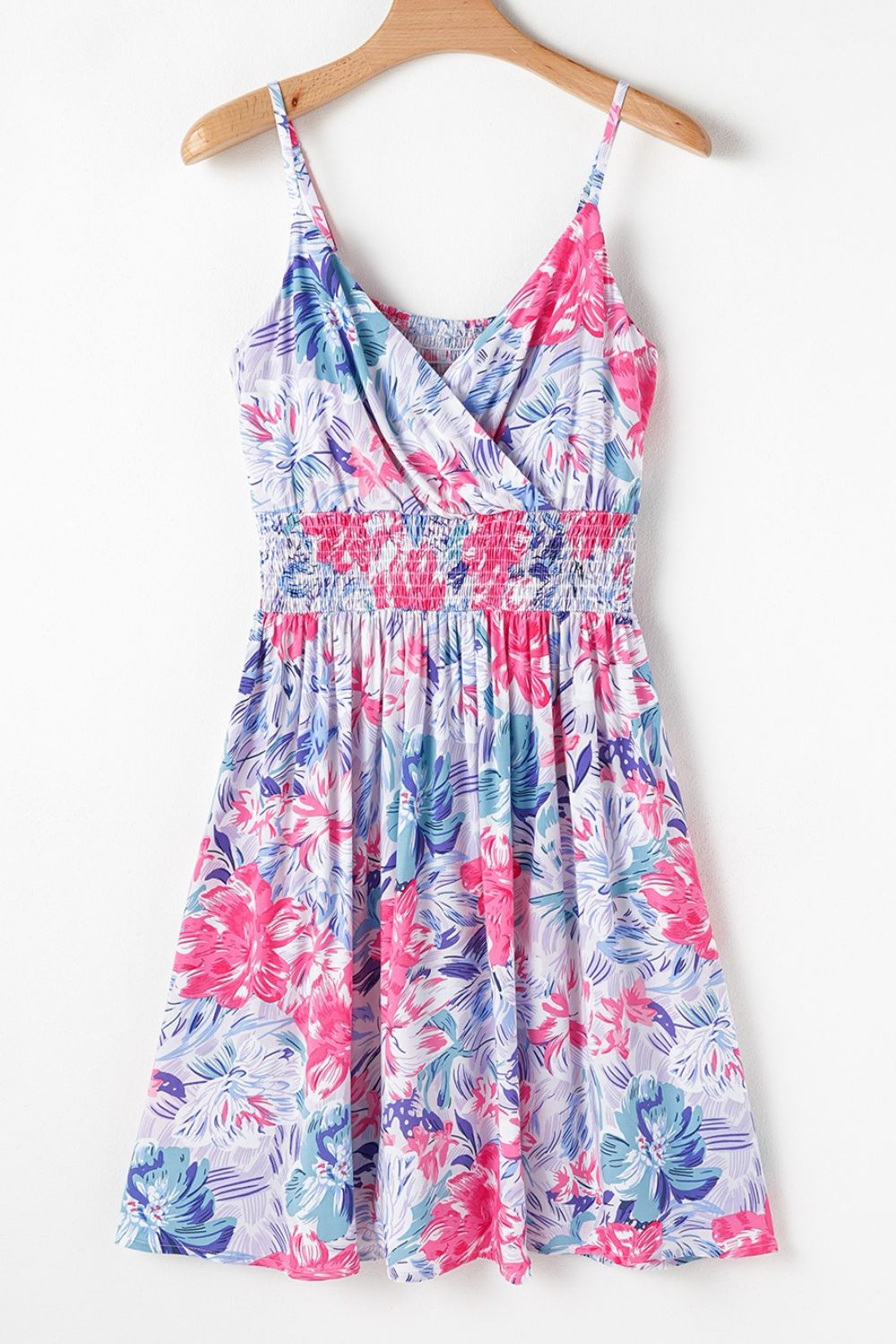 Floral Spaghetti Strap Surplice Neck Shirred Waist Mini Dress - Tigbul's Variety Fashion Shop