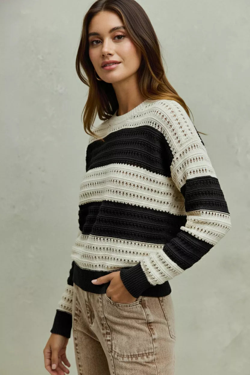 SO ME Openwork Round Neck Wide Stripe Textured Sweater - Tigbul's Variety Fashion Shop