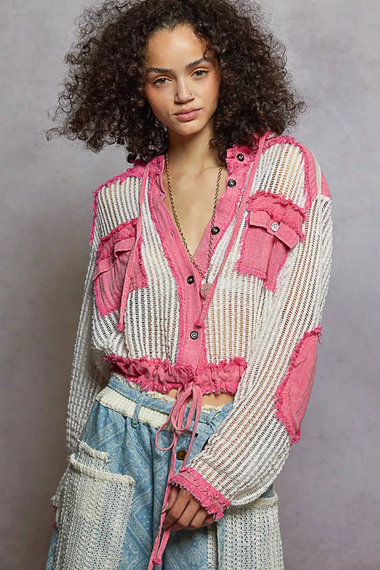 POL Texture Woven Button Down Hooded Shirt with Drawstring Hem - Tigbul's Variety Fashion Shop