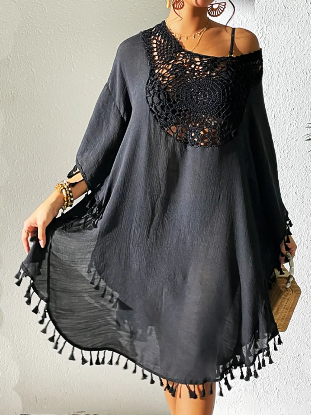 Tassel Cutout Scoop Neck Cover-Up Dress - Tigbul's Variety Fashion Shop