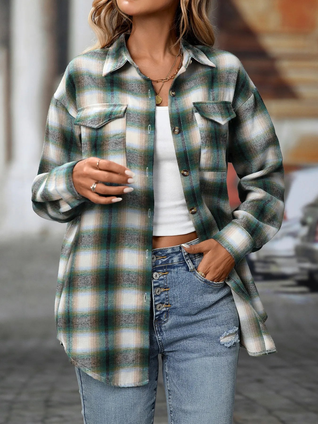 Oversized Plaid Button-Up Shirt - Tigbul's Variety Fashion Shop