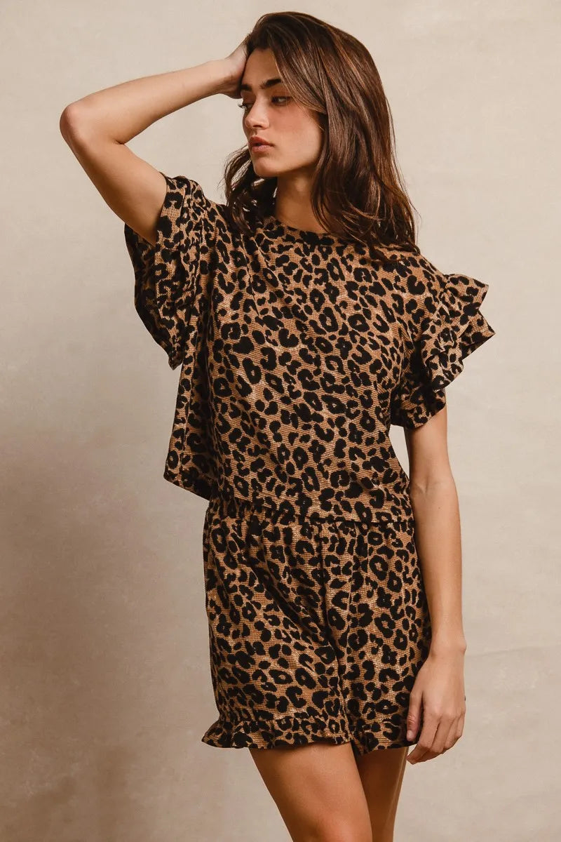 BiBi Leopard Print Waffle Texture Layered Ruffle Sleeve Top and Shorts Set - Tigbul's Variety Fashion Shop