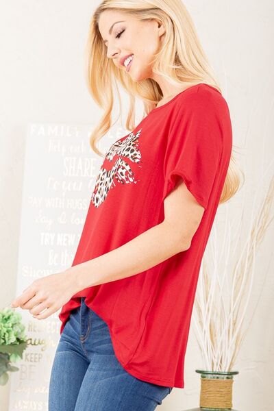 Red Leopard Lip Round Neck Short Sleeve T-Shirt Plus Size - Tigbul's Variety Fashion Shop