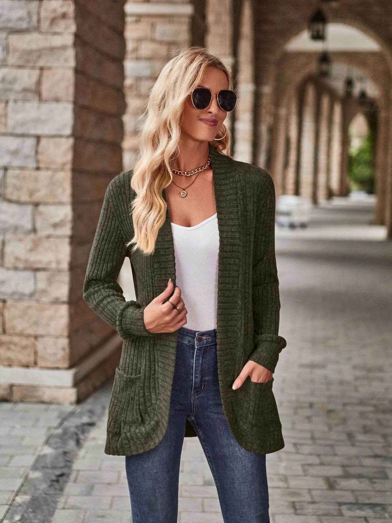 Ribbed Open Front Long Cardigan with Pockets - Tigbul's Variety Fashion Shop