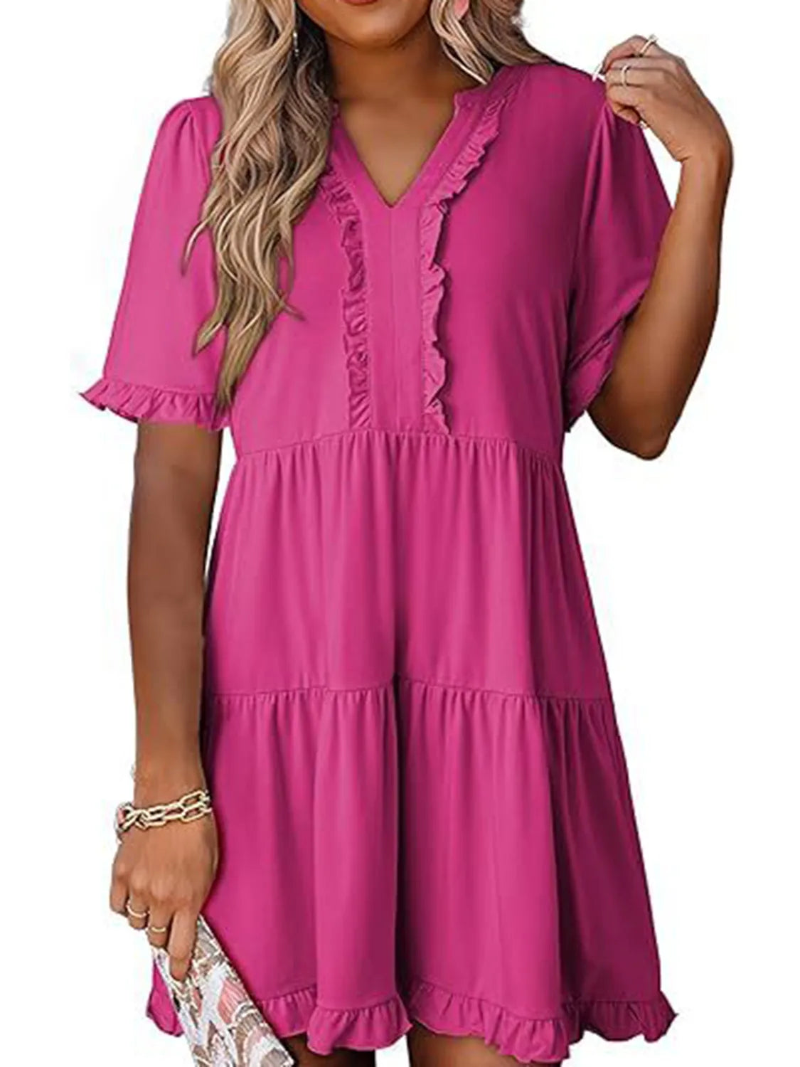 Tiered Notched Short Sleeve Mini Dress - Tigbul's Variety Fashion Shop