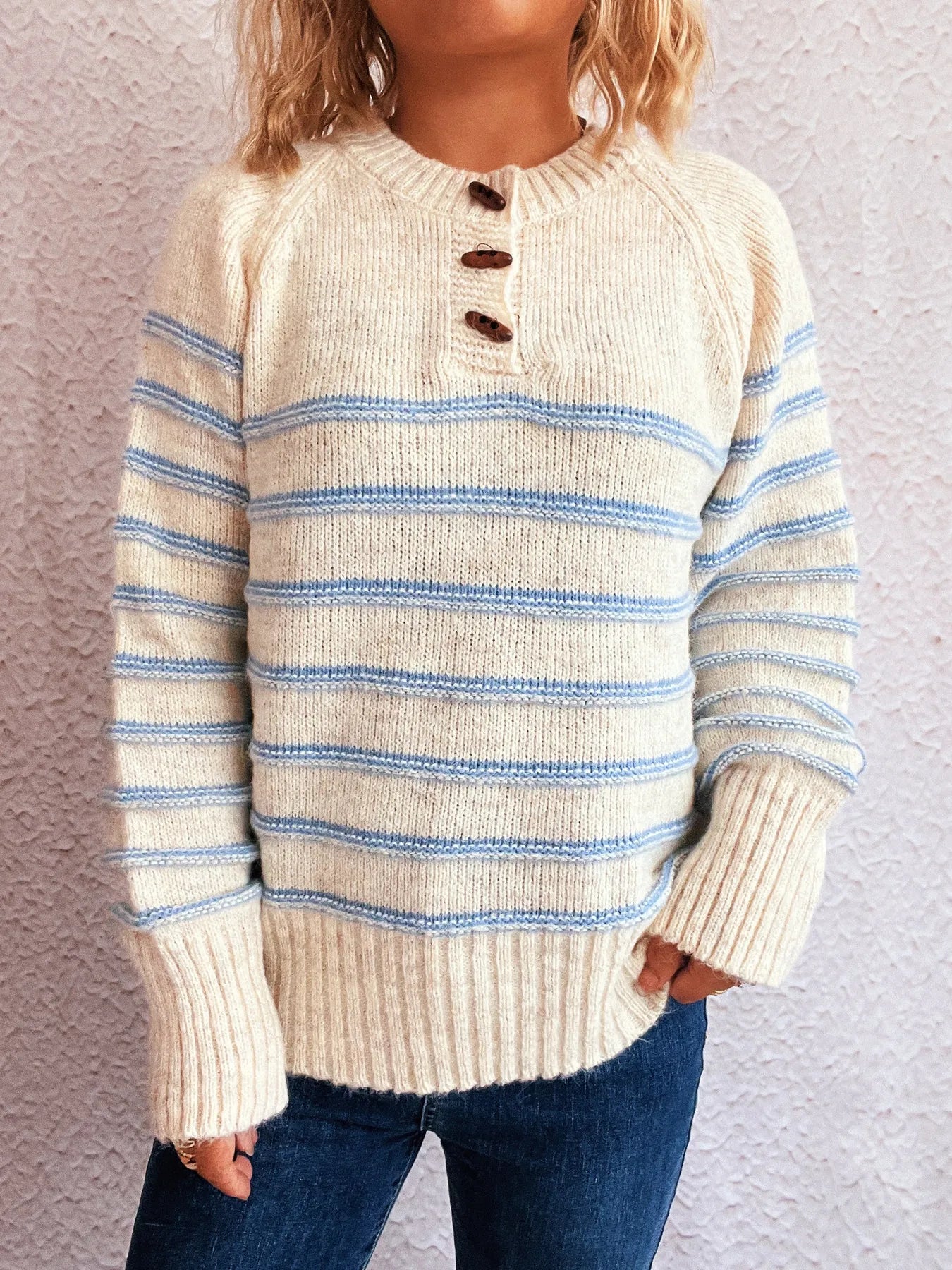 Striped Button Detail Long Sleeve Sweater - Tigbul's Variety Fashion Shop