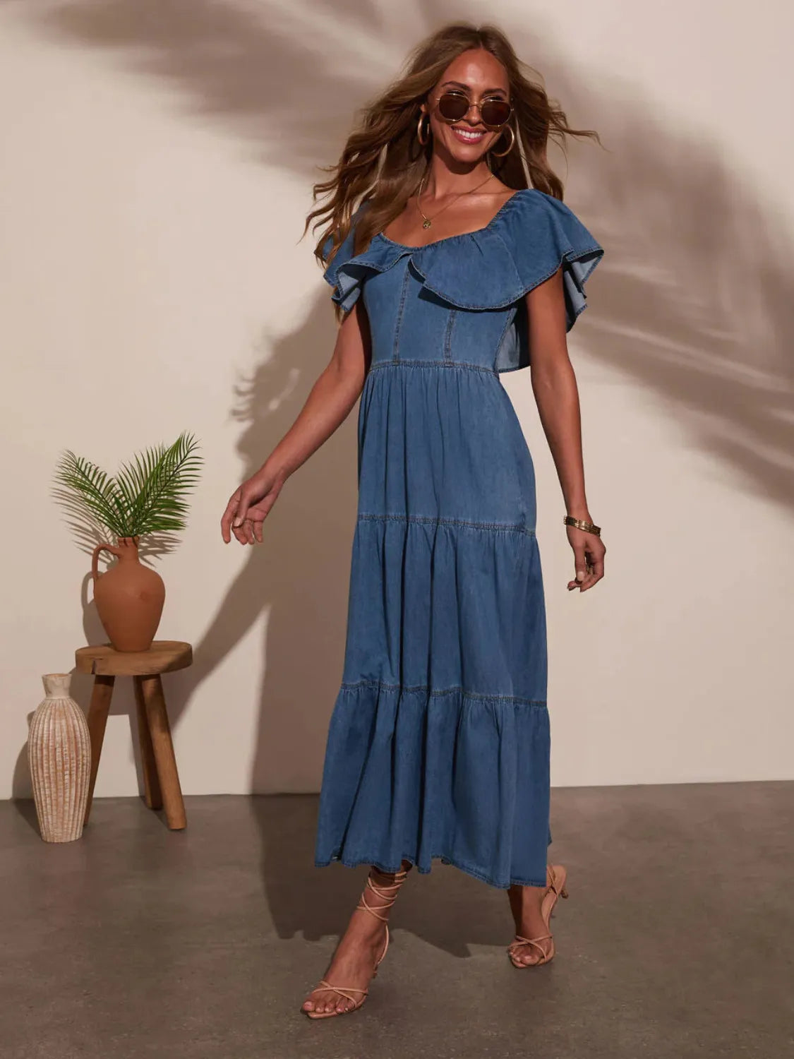 Off Shoulder Ruffle Tiered Denim Dress - Tigbul's Variety Fashion Shop
