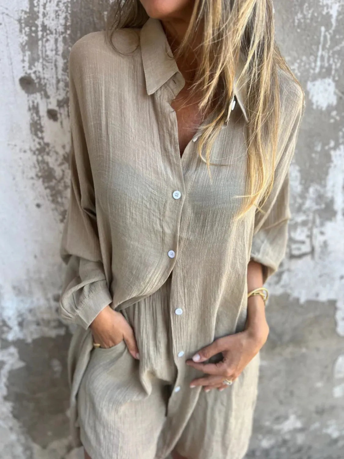Pocketed Collared Neck Shirt and Shorts Set - Tigbul's Variety Fashion Shop
