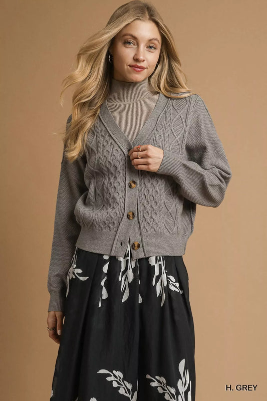 Grey Chunky Cable Knit V-Neck Button-Up Cardigan - Tigbul's Variety Fashion Shop