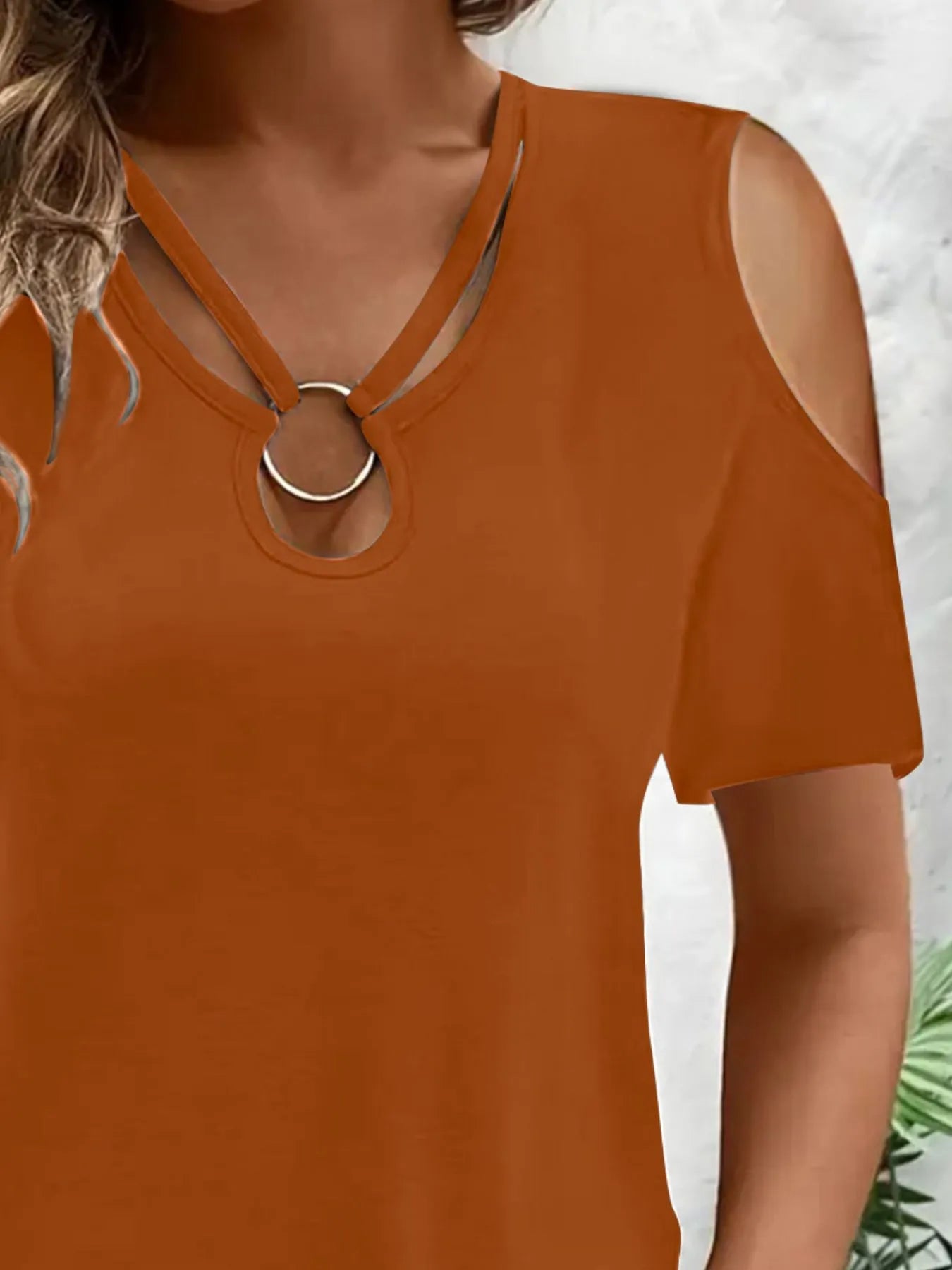 Cold Shoulder T-Shirt with Metal Ring Detail - Tigbul's Variety Fashion Shop