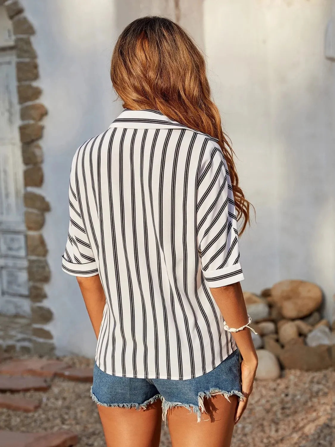 Striped Collared Neck Half Sleeve Shirt - Tigbul's Variety Fashion Shop