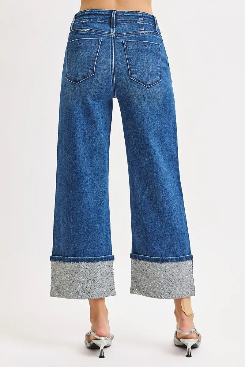 RISEN High Rise Ankle Wide Rhine Stone Cuffed Jeans - Tigbul's Variety Fashion Shop