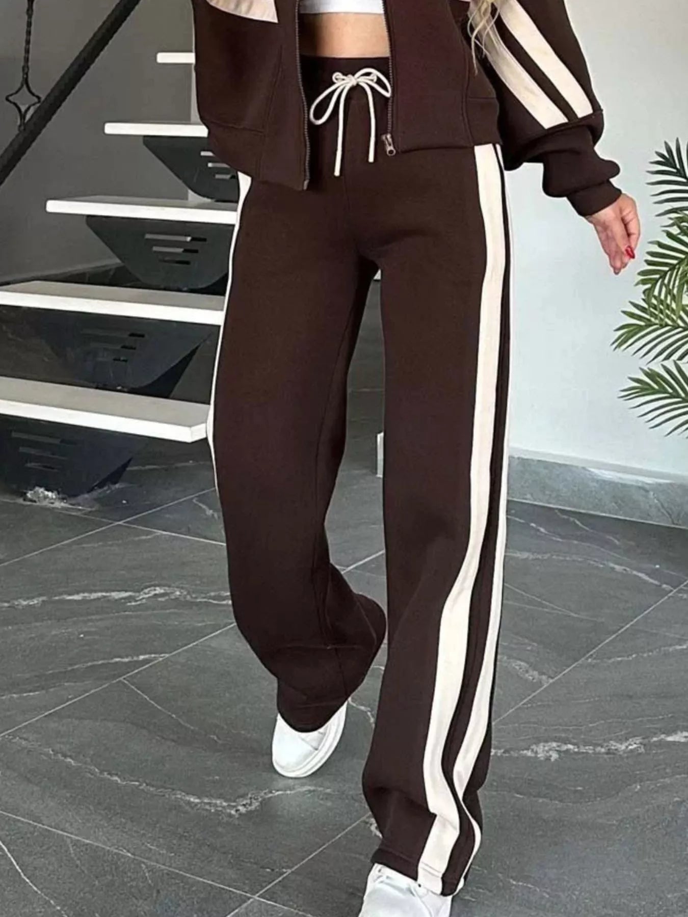 Full Size Contrast Stripe Zip Up Jacket and Pants Set Plus Size - Tigbul's Variety Fashion Shop