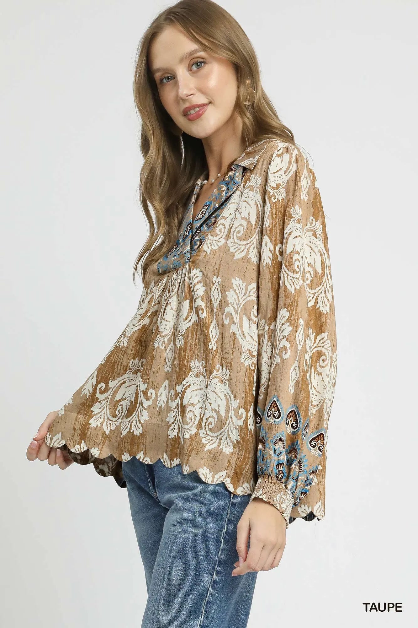 Umgee Floral Boho Blouse with Scalloped Hem - Tigbul's Variety Fashion Shop