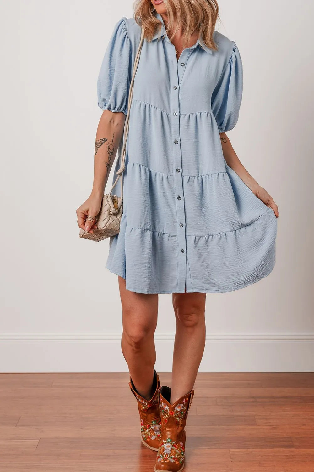 Button Up Puff Sleeve Tiered Shirt Dress - Tigbul's Variety Fashion Shop