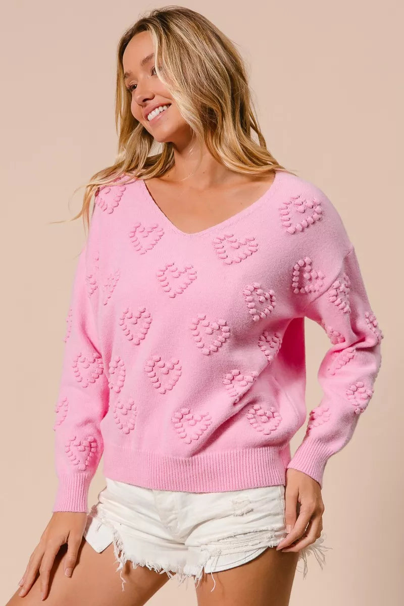 BiBi Valentines Heart Pompom V Neck Knit Top - Tigbul's Variety Fashion Shop