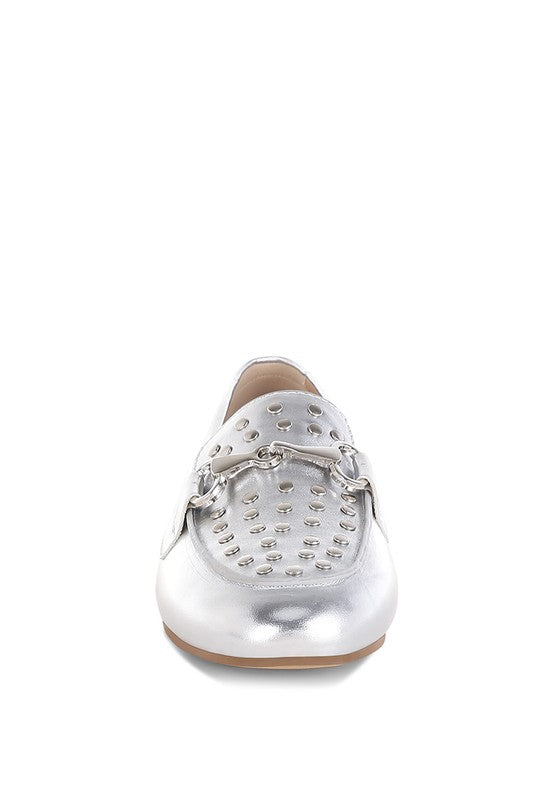 Estafa Horsebit & Studs Metallic Pleather Loafers - Tigbul's Variety Fashion Shop